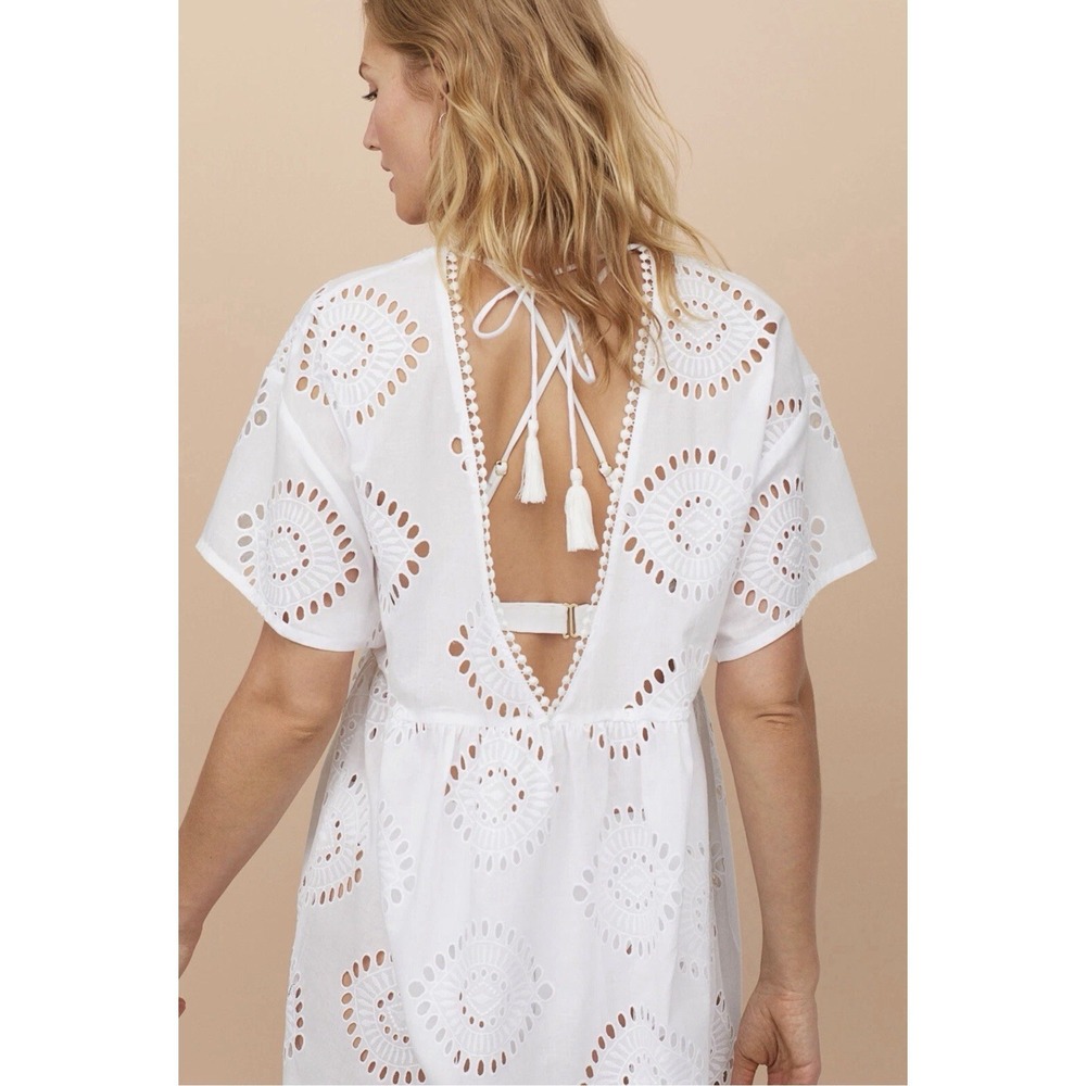 NEW H&M Cotton Beach Dress Kaftan Mini Coverup Sz M All Over Eyelet Swim White - Picture 3 of 10